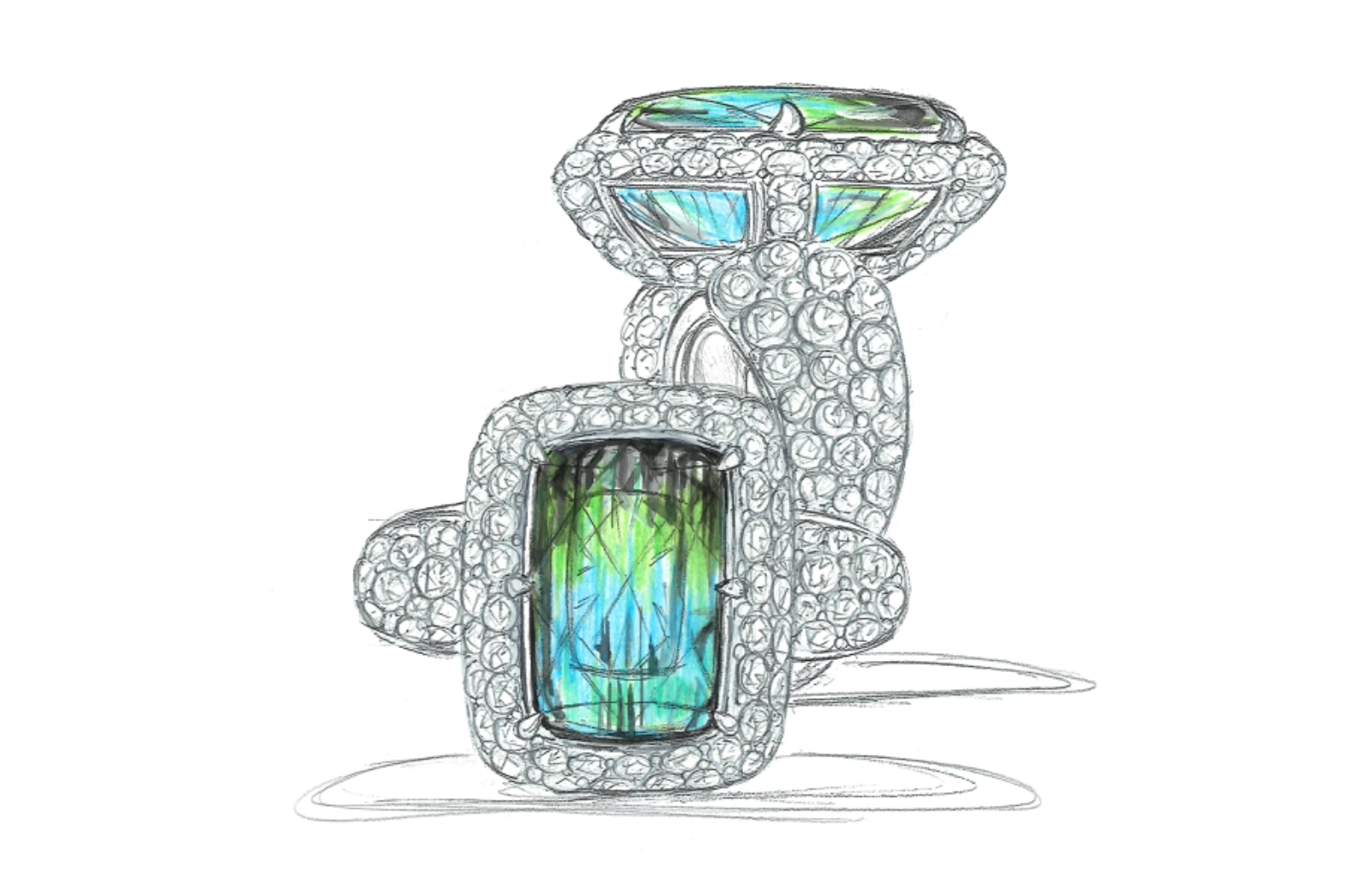 8.36ct Zweifarbiger afghanischer Neon Indikolit Ring mit D Flawless Diamanten, eingefasst in 18 Karat Gelbgold
